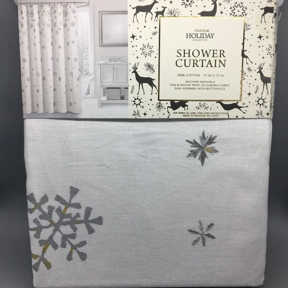 Envogue Shimmer Snowflake Shower Curtain Silver Gold Snowfall Christmas Holiday